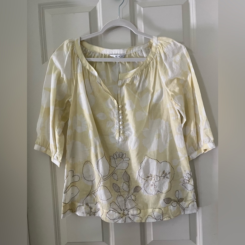 CAbi Songwriter Embroidered Cotton Yellow Tunic Blouse  Size XS